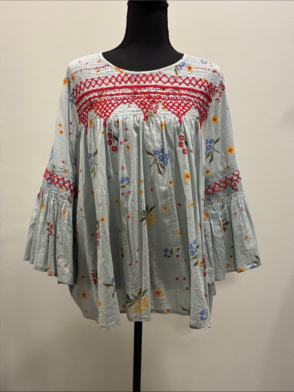 Ivy Jane Light Sage Green Floral Smocked Tunic with Burgundy Embroidery
